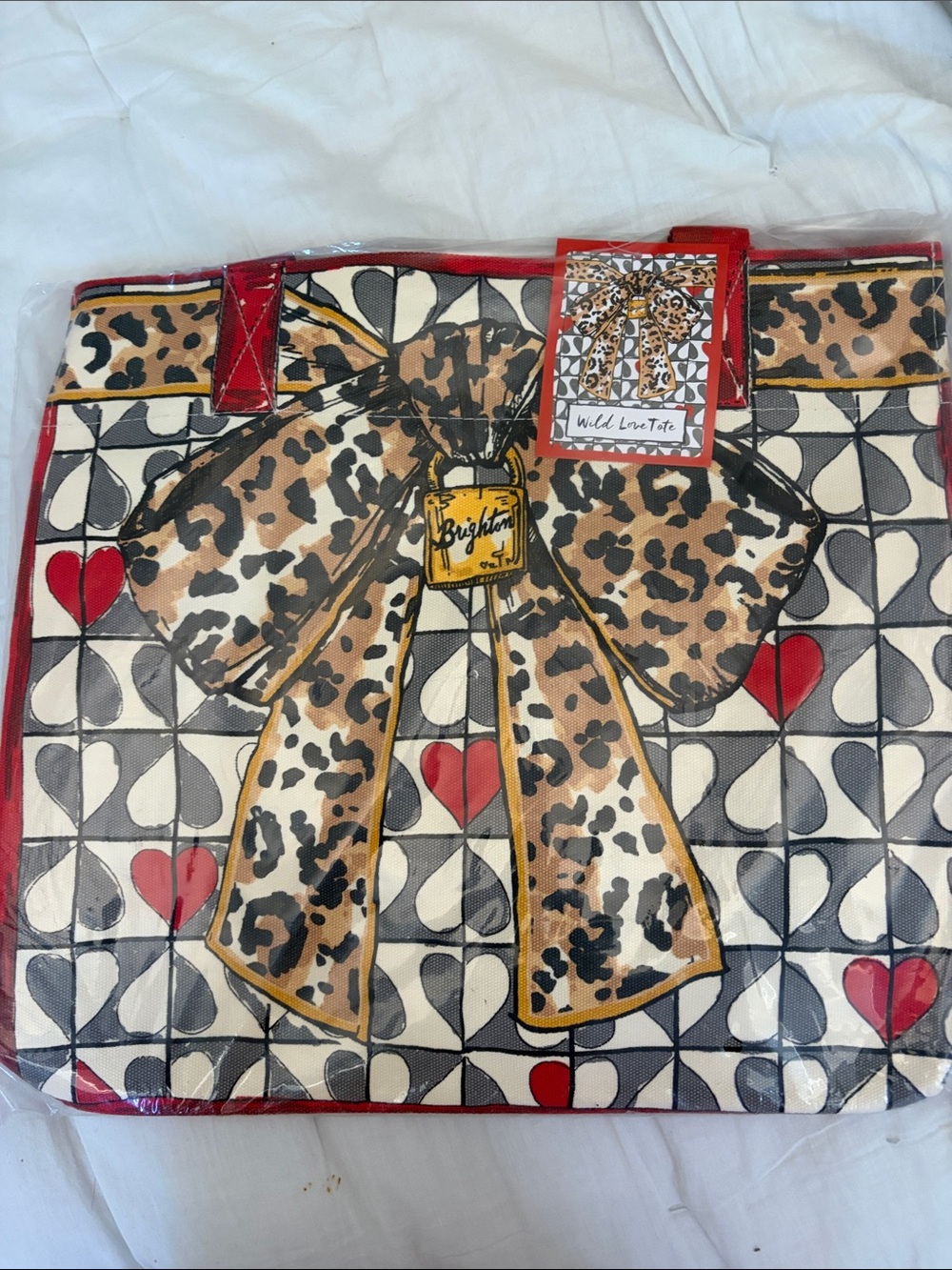 Brighton Red Trim Tote with Leopard Bow Accent